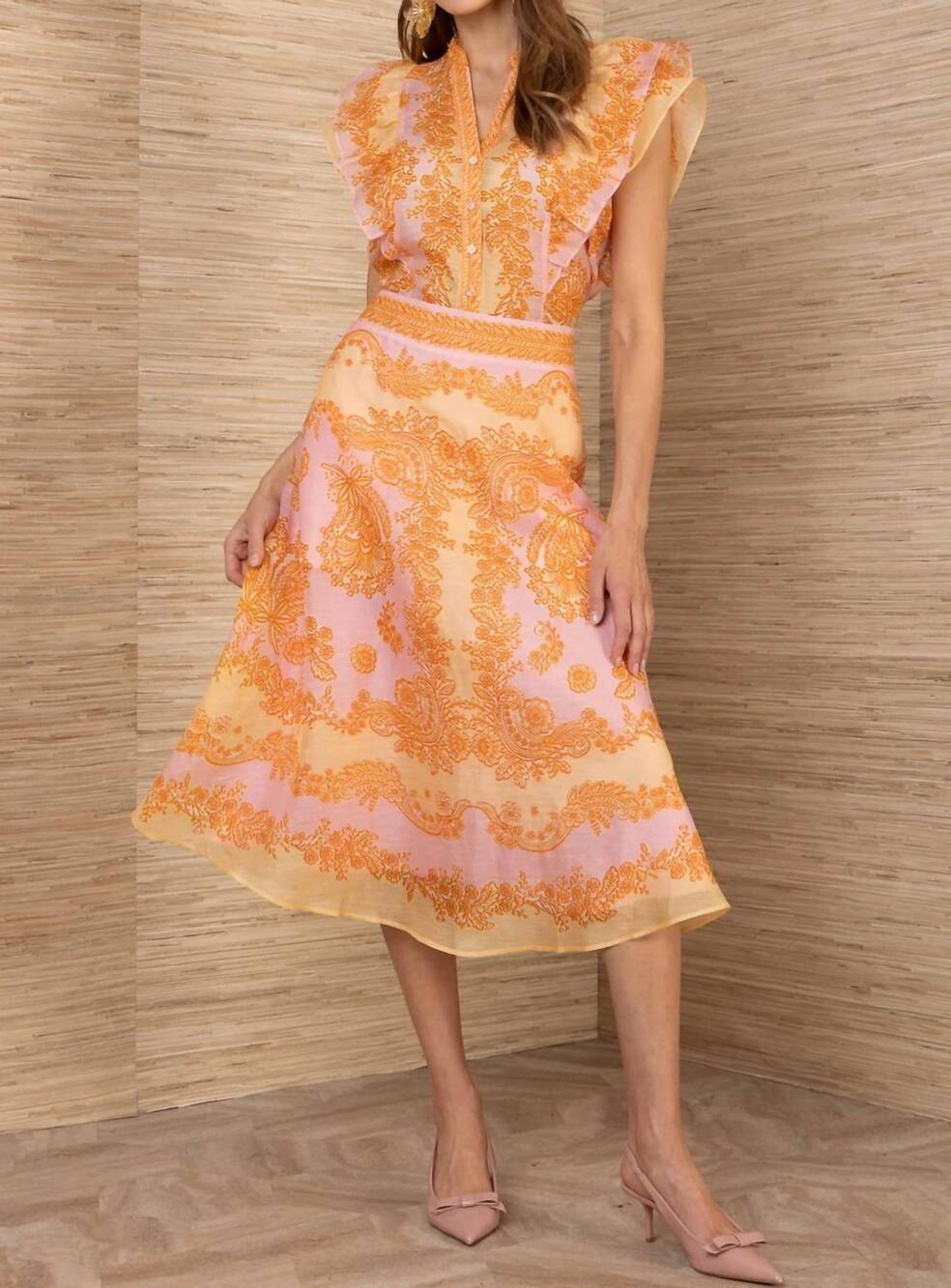 NEW HALE BOB winslow midi skirt in pink/yellow